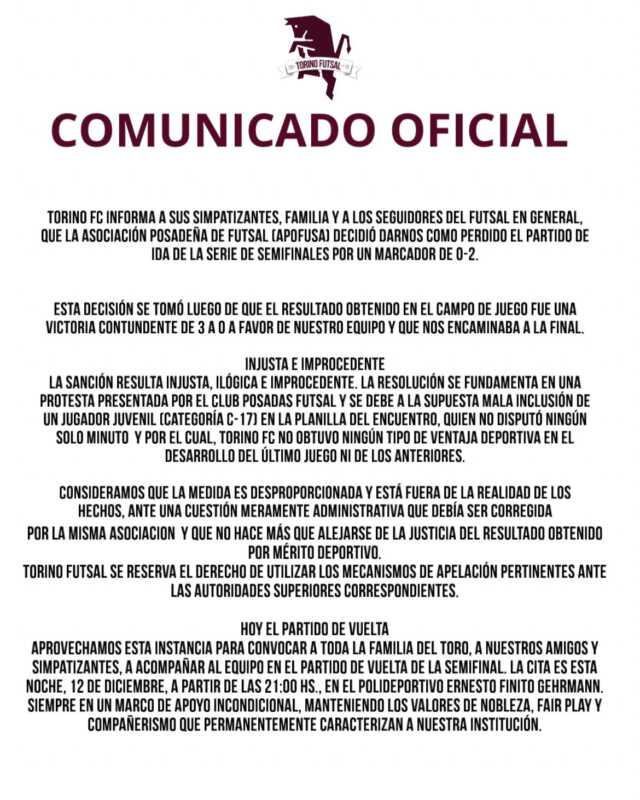 Polémica en el futsal posadeño: Torino FC reclama la sanción que anuló su 3-0 en la semifinal de ida 2 comunicado torino - 1