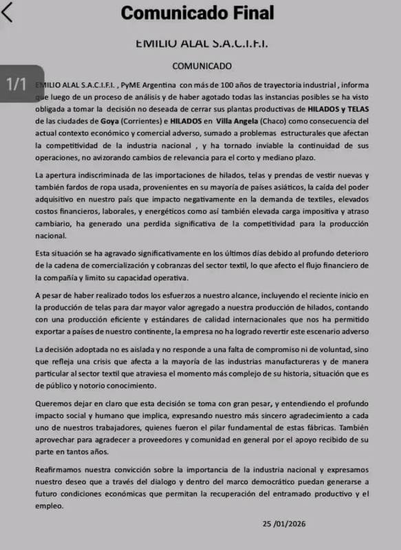 Cierre histórico en Corrientes: la textil Alal bajó sus persianas en Goya, dejó 260 familias sin trabajo 3 Operarios de la textil Alal recibieron telegramas de despido que pusieron fin a un siglo de historia industrial en Goya.