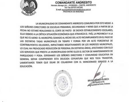 Andresito cortó la ayuda a las escuelas: el municipio dejó de realizar el corte de pasto por la crisis económica andresito