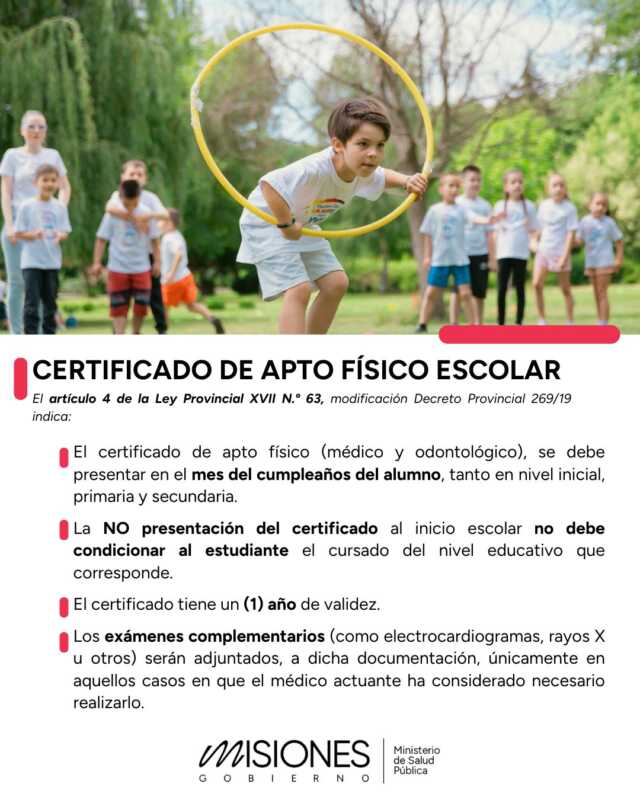 Salud Pública aclara la validez y presentación del apto físico en las escuelas