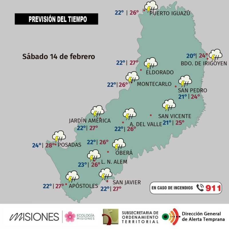 Misiones: lluvias, alivio térmico y chaparrones durante el fin de semana largo 4 Sábado 14: lluvias leves por la mañana y tormentas por la tarde en Misiones