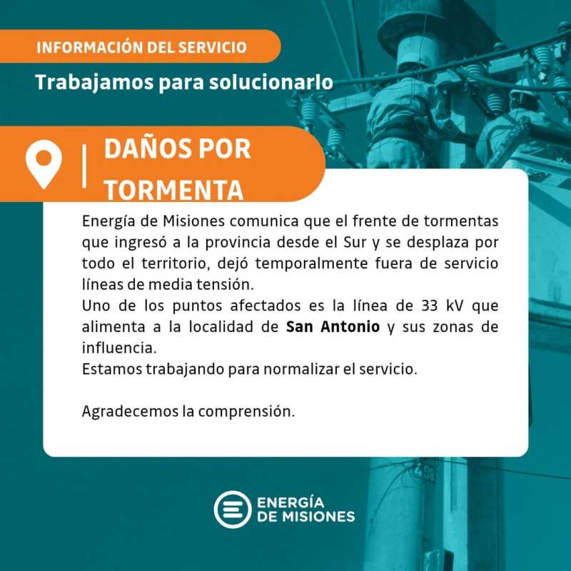 Energía de Misiones trabaja para restablecer el servicio tras el fuerte temporal 3 Tormentas en Misiones: continúan los cortes de luz en varias localidades