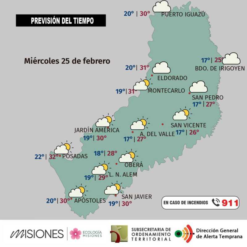 Misiones: mejora el tiempo y suben las temperaturas 2 Miércoles 25: mañana fresca y tarde en ascenso en Misiones