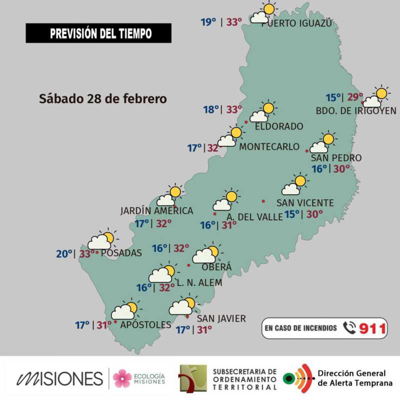 Sábado 28: estable y caluroso por la tarde en Misiones 