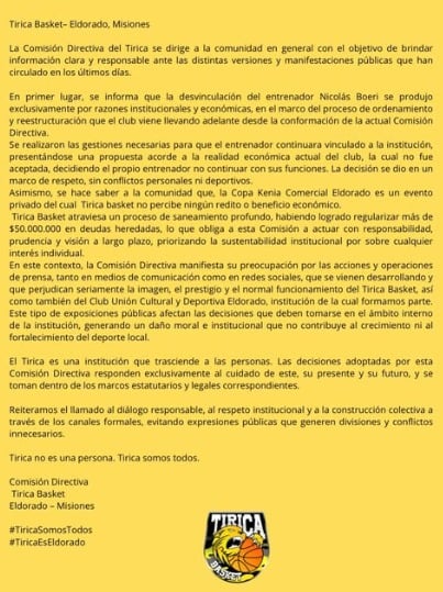Tensión en el Club Tirica de Eldorado tras la decisión de no renovar el contrato del entrenador Nicolás “Chapa” Boeri. Familias y jugadores piden que se revea la medida.