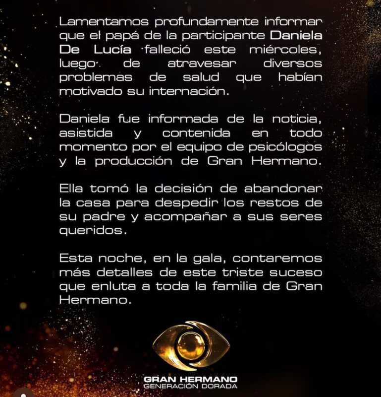 Conmoción en Gran Hermano: Daniela De Lucía abandonó la casa tras la muerte de su padre 2 WhatsApp Image 2026 02 25 at 17.57.54 1 - 1