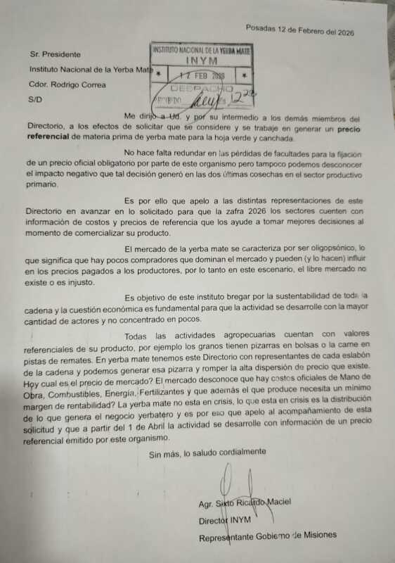 “Sin precio de referencia, el productor queda a la deriva”: Maciel pidió al INYM un valor base para la yerba mate 4 nota maciel1 - 3