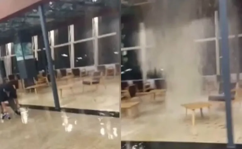Tras las intensas lluvias se derrumbó una parte del techo en el Aeroparque Jorge Newbery 2 DERRUMBE EN EL AEROPARQUE JORGE NEWBERY: SE CAYÓ PARTE DEL TECHO