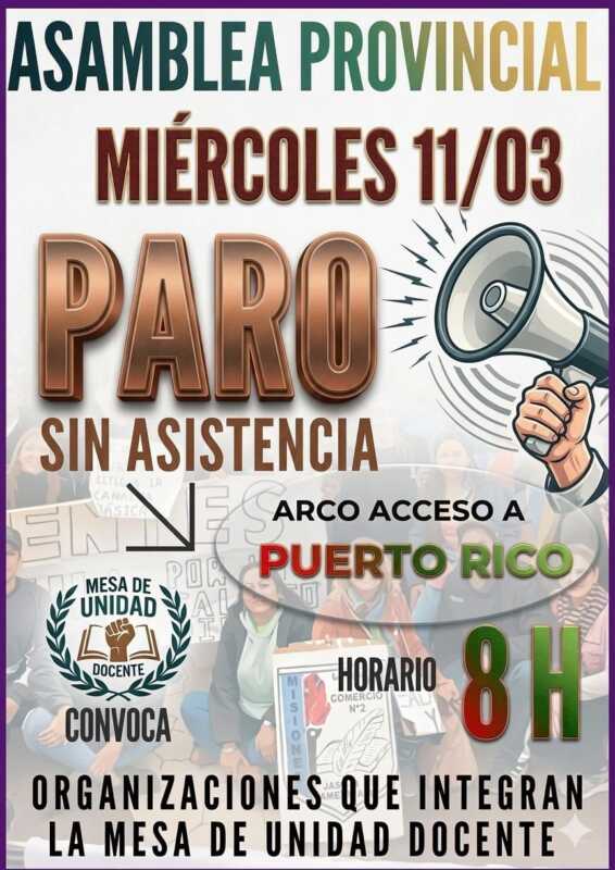 Docentes convocan a paro sin asistencia y asamblea provincial este miércoles 3 Convocan a paro docente y asamblea provincial este miércoles en Puerto Rico