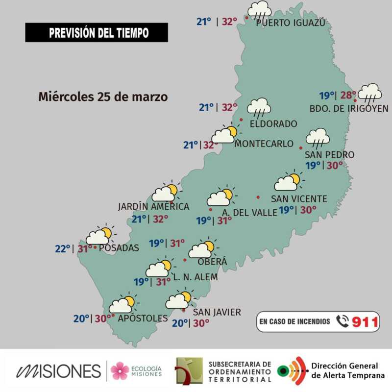 Miércoles 25: Inicio fresco con neblinas y tarde cálida, con inestabilidad leve en el norte de Misiones 