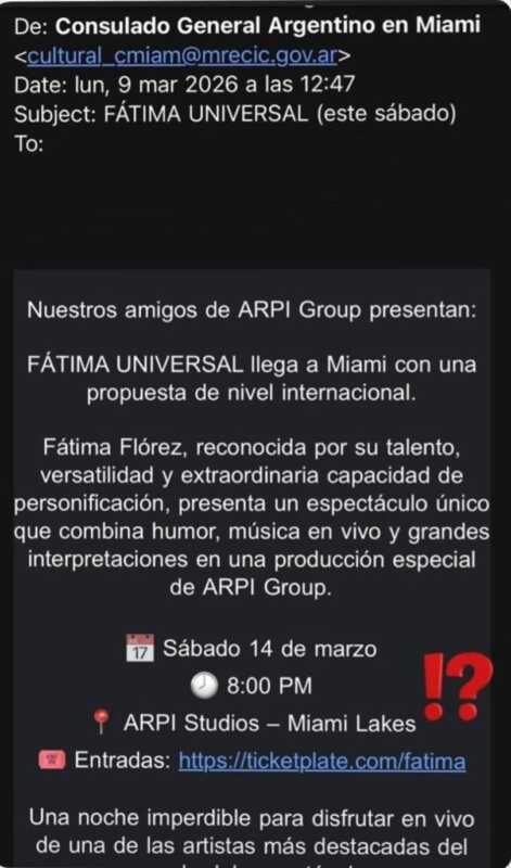 Un correo oficial del Consulado argentino en Miami promocionó el show de Fátima Flórez