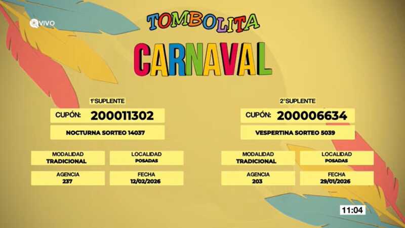 La Tombolita Carnaval busca al ganador del viaje a Río de Janeiro que salió en Dos de Mayo 2 Tombolita Carnaval cupones suplentes marzo 2026 - 1