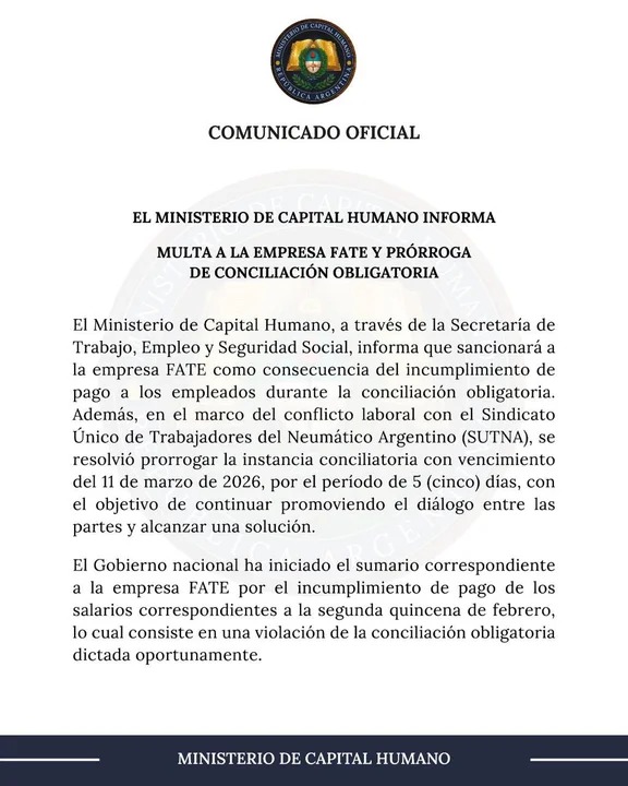 Cierre de FATE: Gobierno multó a la empresa por no pagar sueldos y extendió la conciliación obligatoria 3 WhatsApp Image 2026 03 10 at 16.58.35 - 2