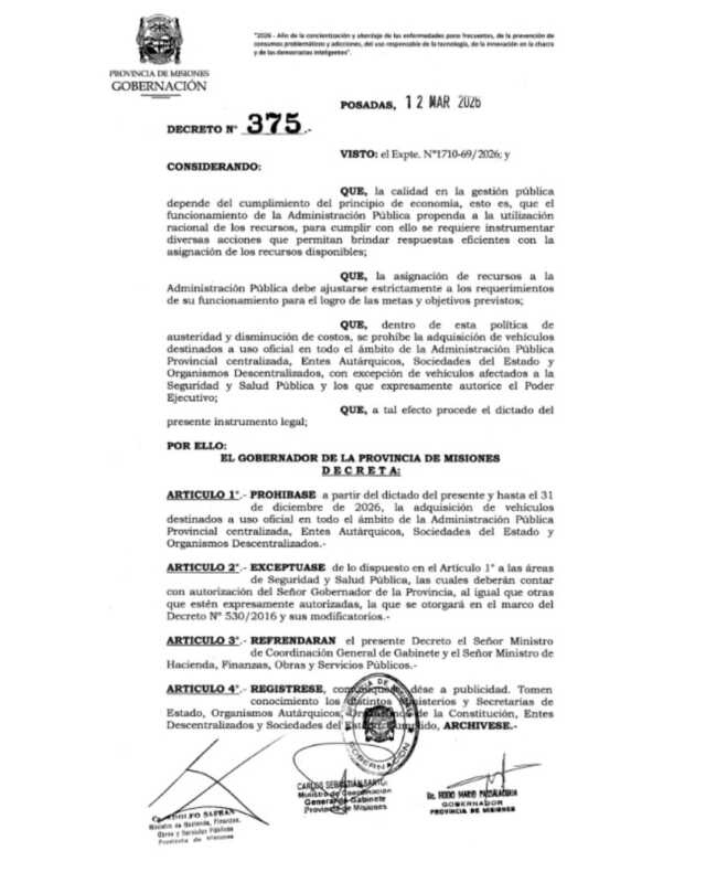 El Gobierno de Misiones suspendió la compra de vehículos oficiales hasta diciembre de 2026 como parte de una política de austeridad y control del gasto público.