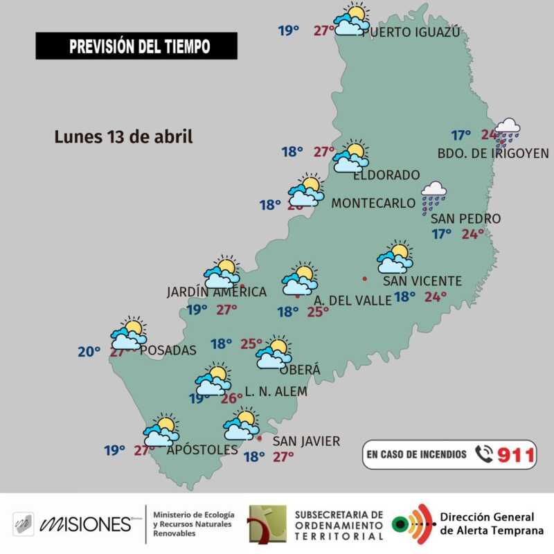 Clima en Misiones: semana inestable con lluvias y tormentas 3 Lunes 13 de abril: lluvias y nieblas en el arranque en Misiones