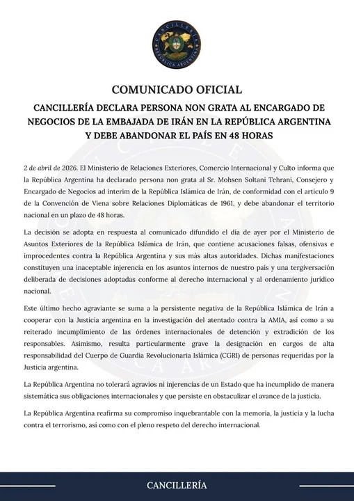 La Cancillería declaró persona no grata al representante iraní y le dio 48 horas para abandonar el país 2 WhatsApp Image 2026 04 02 at 16.37.47 1 - 1