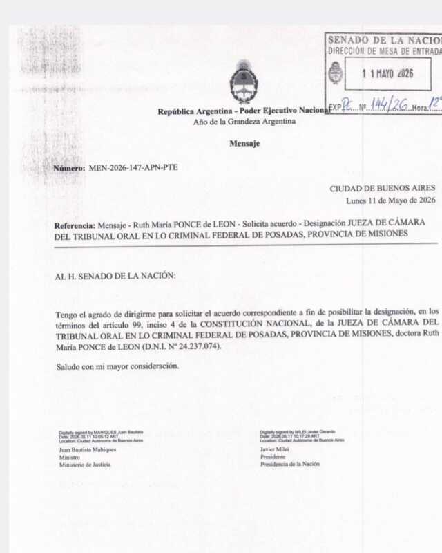 Ingresó al Senado el pliego de María Ponce de León para ocupar un cargo en la Justicia Federal de Posadas 2 WhatsApp Image 2026 05 14 at 20.07.45 - 1