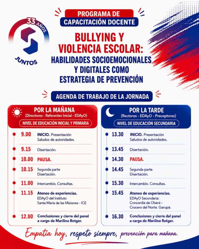 La capacitación abordará bullying, ciudadanía digital y protocolos de intervención en entornos escolares y virtuales.