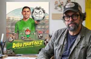 Ricardo Liniers Siri explicó cómo nació el universo visual de “Dibu Martínez: El pibe que ataja el tiempo”, la película de Netflix que combina documental y animación. Foto: Télam. Póster: Nétflix.
