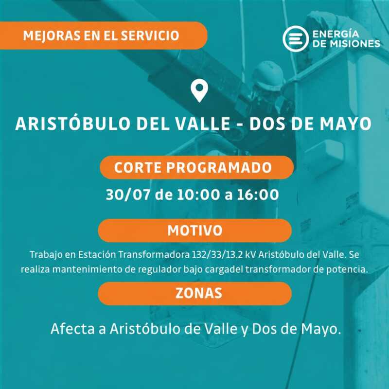 EMSA anunció cortes programados de energía en cuatro municipios por tareas de mantenimiento en estaciones transformadoras 3 Aristobulo Dos de Mayo - 2