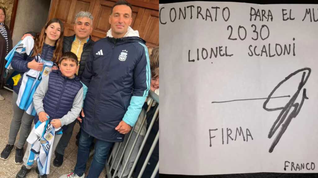 Lionel Scaloni firmó el “contrato 2030” que le presentó un niño en Pujato y el video se volvió viral Scaloni