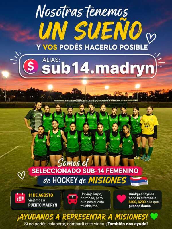 El seleccionado femenino Sub-14 de hockey de Misiones necesita reunir 25 millones de pesos para disputar el Campeonato Regional de Clubes en Puerto Madryn. Las familias lanzaron una campaña solidaria y solicitan la colaboración de la comunidad.