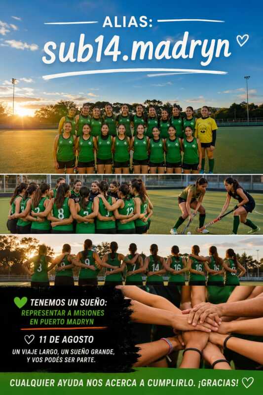 El seleccionado femenino Sub-14 de hockey de Misiones necesita reunir 25 millones de pesos para disputar el Campeonato Regional de Clubes en Puerto Madryn. Las familias lanzaron una campaña solidaria y solicitan la colaboración de la comunidad.