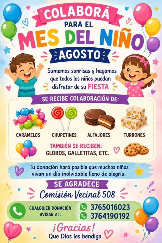 La solidaridad se pone en marcha: reúnen donaciones para celebrar el Mes del Niño en el barrio 508 3 La solidaridad como motor: el barrio 508 busca hacer realidad una jornada especial para 250 chicos