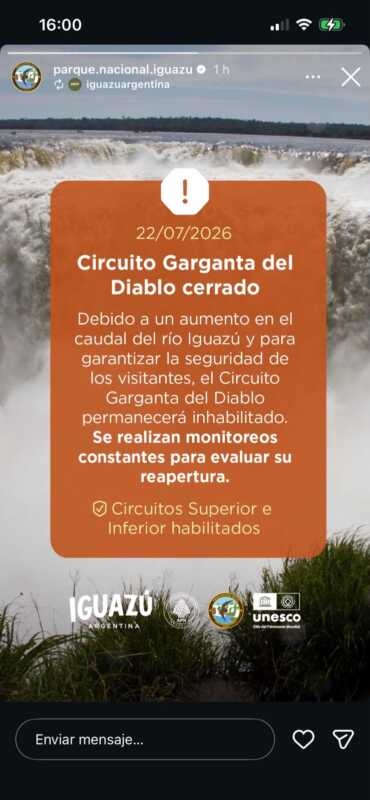 Cataratas: por el aumento del caudal en el río Iguazú, cerraron por prevención el circuito Garganta del Diablo 2 WhatsApp Image 2026 07 22 at 16.01.05 - 1