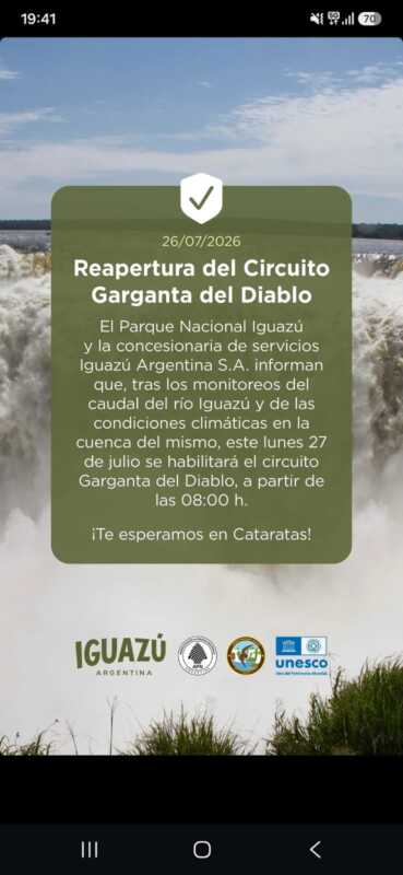 Hoy reabren la Garganta del Diablo tras cinco días de cierre por la crecida del río Iguazú