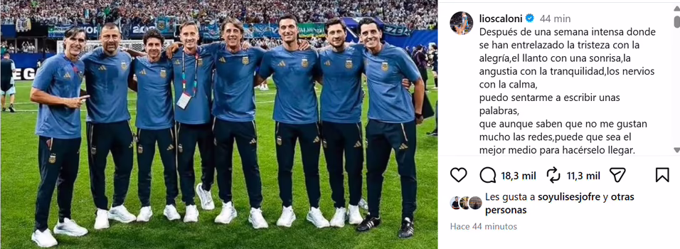 Scaloni: "Lo siento por no haberles podido traer otra copa" 2 Lionel Scaloni publicó un emotivo mensaje tras la final del Mundial 2026, pidió disculpas a los hinchas y destacó la entrega de la Selección argentina.