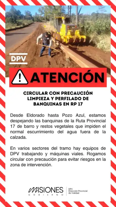 Vialidad Provincial realiza tareas de limpieza y mantenimiento sobre la ruta 17 entre Eldorado y Pozo Azul 2 vialidad obras - 1