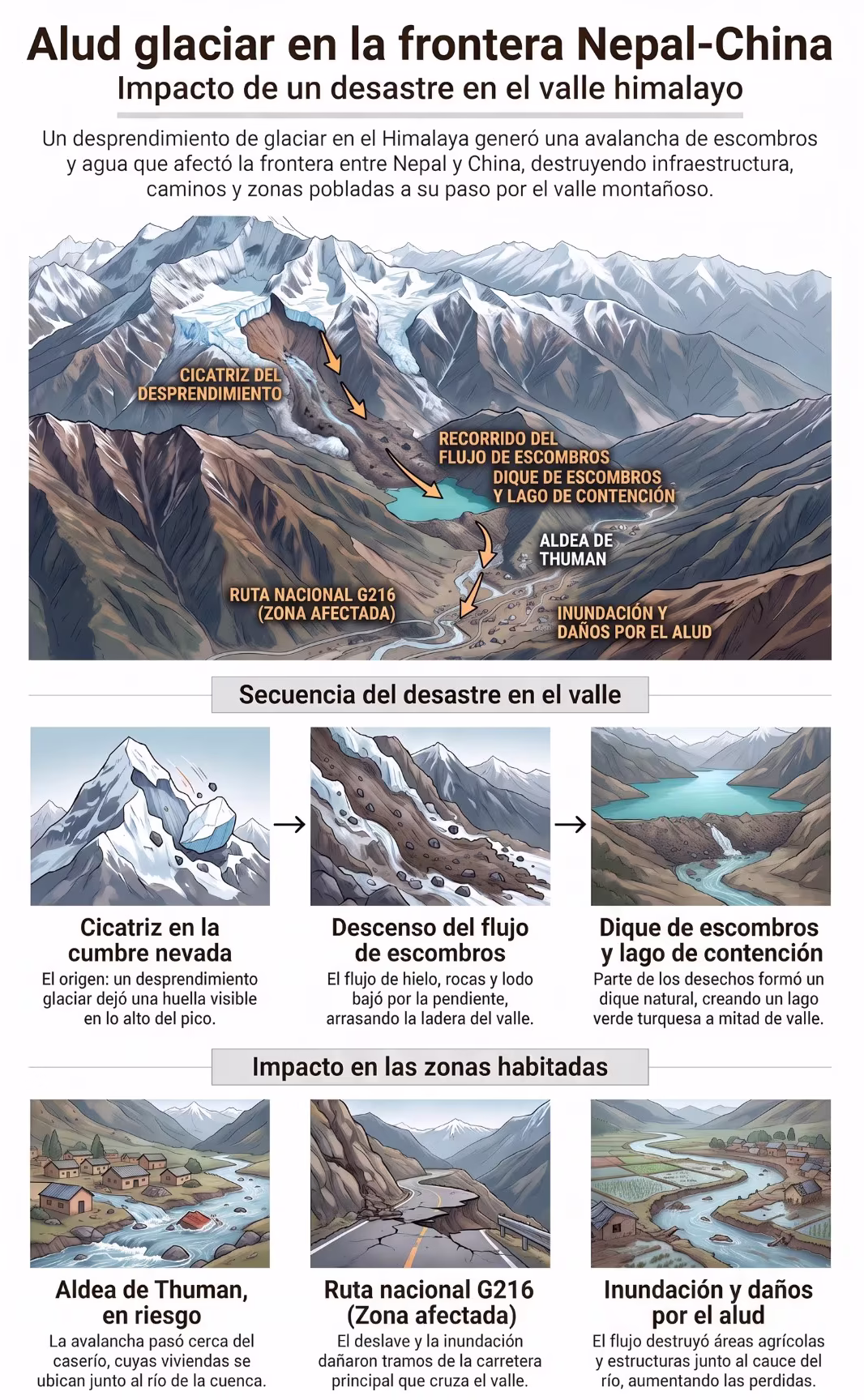 Glaciar, barro y rocas a más de 100 km/h: qué es un GLOF