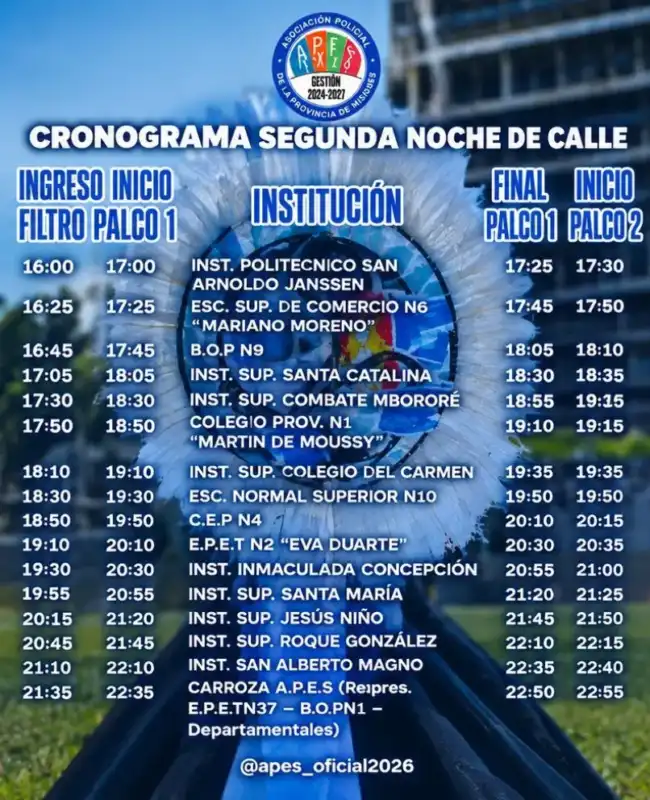 Estudiantina 2026: Apes confirmó el cronograma de la primera noche 1 Estudiantina Apes
