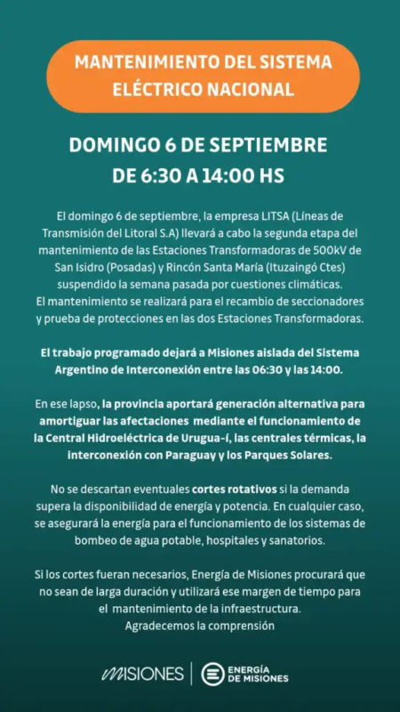 Misiones podría tener cortes de luz este domingo por trabajos en la red eléctrica 1 Misiones